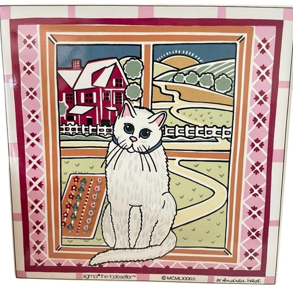 Vintage Sigma the Tastesetter Framed White Cat By Andrea West Wall Tile 1983 7" - Picture 6 of 7
